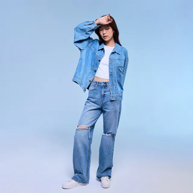 【Lee】女裝 牛仔褲 / 428 高腰舒適直筒 破褲 中藍洗水(LB417122603)