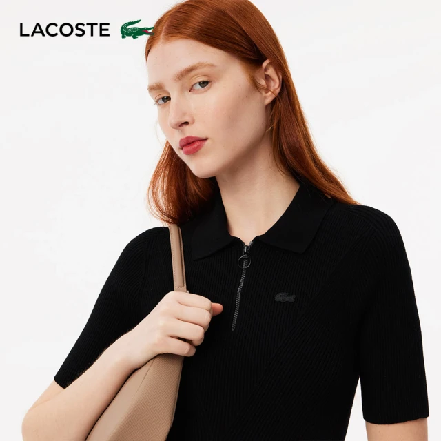 LACOSTE 女裝-法國製拉鍊領羅紋針織短袖Polo衫(黑色)