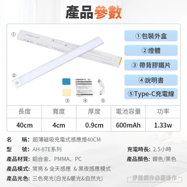 【伊德萊斯】LED磁吸人體感應燈 三檔調光 USB無線超薄 40cm(LED燈 小夜燈 櫥櫃燈條 樓道燈)