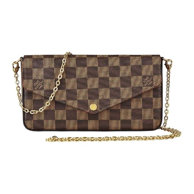 【Louis Vuitton 路易威登】LV N63032 POCHETTE FELICIE棋盤格DAMIER EBENE斜背手拿長夾(咖啡X櫻桃紅)