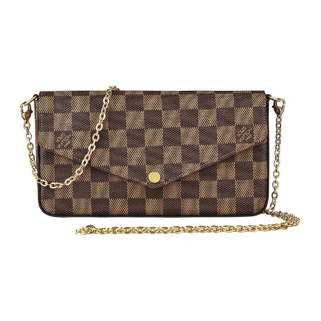 LV LOUIS VUITTON 路易威登 N63032 Pochette Felicie 系列女用手拿斜揹包，採用咖啡色系牛皮與帆布製成，輕便實用。內附布面內袋，可裝手機與零錢，並配有原廠防塵套、品控卡、可拆式拉鍊小錢包、可拆式鈔票夾與金色鏈帶，適合日常出門使用，法國原產，歐洲來源，風格優雅，時尚百搭。
