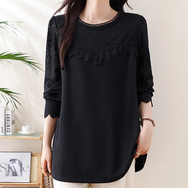 【麗質達人】8079黑色網布拼接假二件上衣-AA (L-5XL)