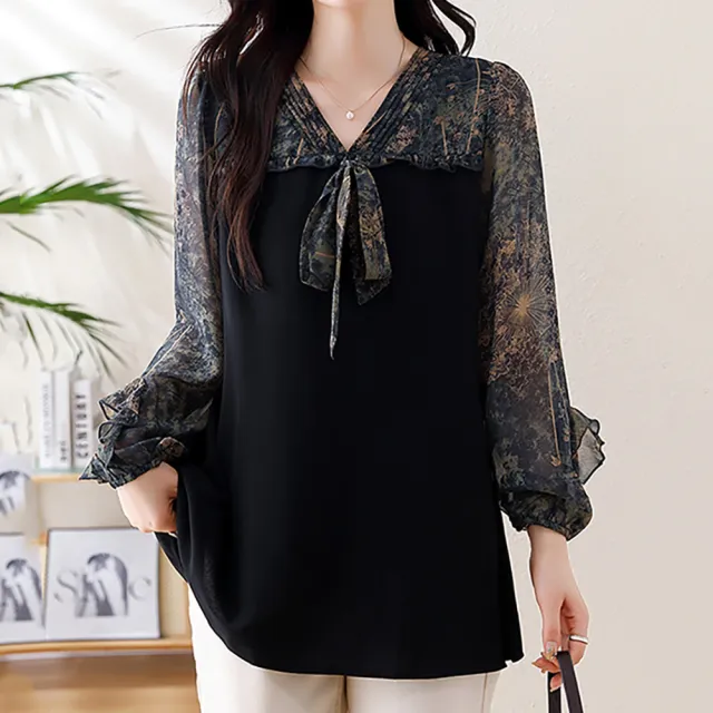 【麗質達人】8077黑色印花假二件上衣-LY(L-5XL)