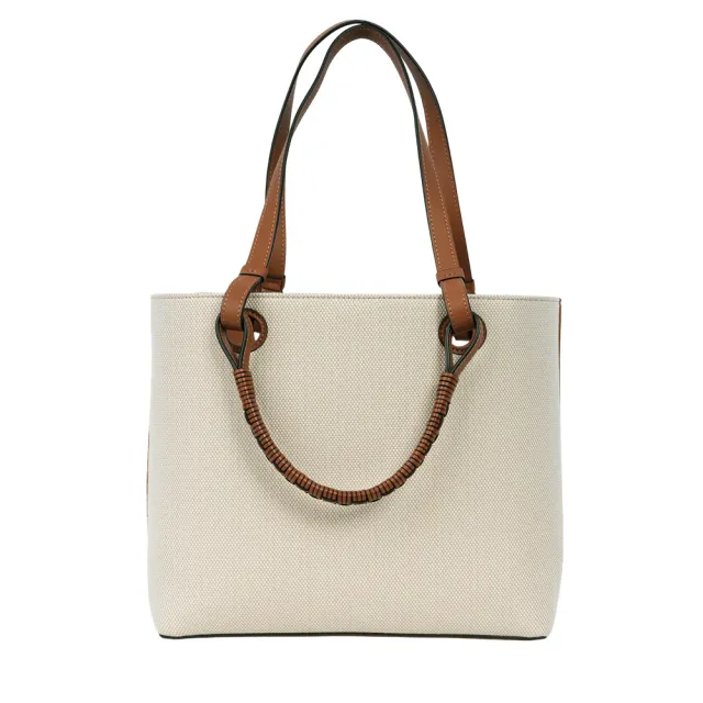 【LOEWE 羅威】Anagram 緹花布及小牛皮小款二用托特包_展示品(米色/棕褐色)