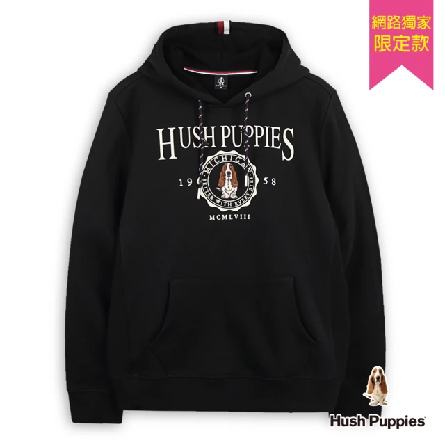 Hush Puppies 男裝 帽T 品牌英文立體刻字刺繡狗帽T(黑色 / 44102901)