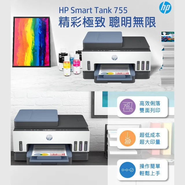 【HP 惠普】Smart Tank 755 三合一Wifi連續供墨複合機(列印/雙面列印/影印/掃描/無線/連續掃描 28B72A)