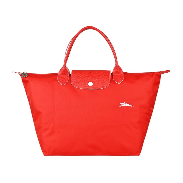 LONGCHAMP LONGCHAMP COLLECTION刺繡LOGO尼龍摺疊短把拉鍊手提包(中/朱紅x白)