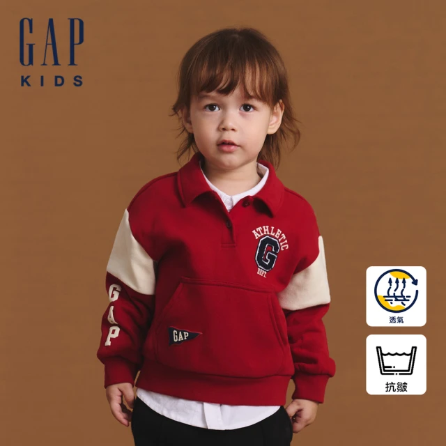 GAP 男幼童裝 Logo刺繡印花刷毛翻領長袖上衣-紅色(643348)