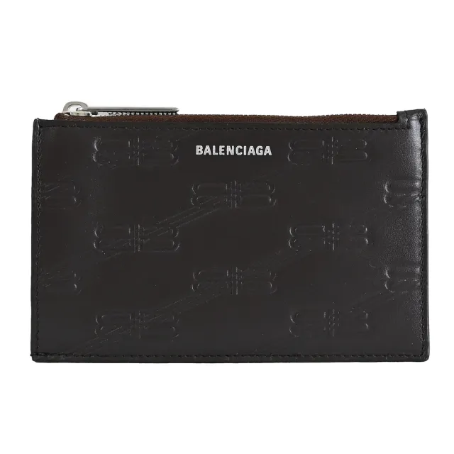 【Balenciaga 巴黎世家】經典品牌雙B LOGO牛皮壓紋信用卡零錢包(深咖)