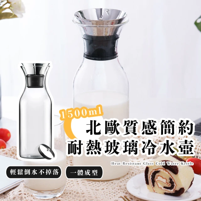 美好家居 北歐質感簡約耐熱玻璃冷水壺-1500ml(大容量 廣口 直身 泡茶壺 果汁 咖啡壺 派對 露營 涼水壺)