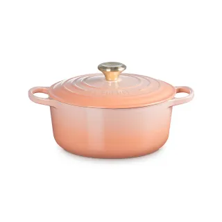 【Le Creuset】典藏琺瑯鑄鐵鍋圓鍋 24cm(蜜桃橙-淡金頭-內鍋白)