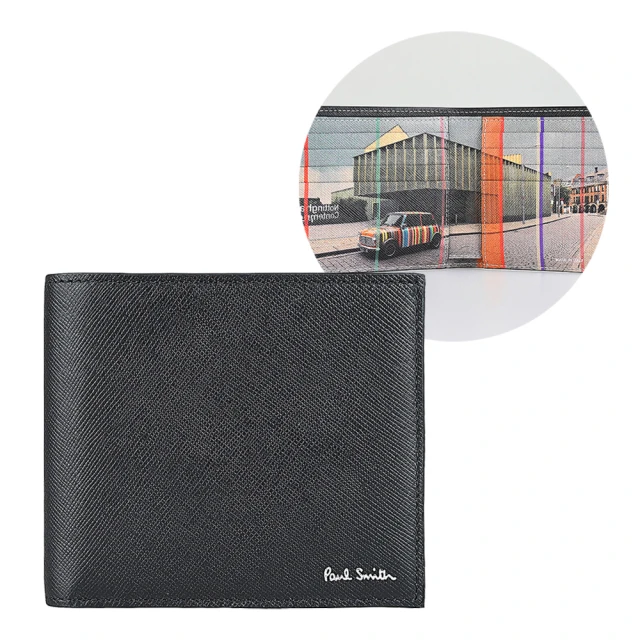 Paul Smith PAUL SMITH經典燙銀草寫LOGO防刮牛皮設計8卡對折短夾(黑x諾丁漢藝術館及汽車)