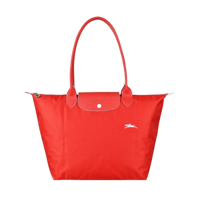 LONGCHAMP LONGCHAMP COLLECTION刺繡LOGO尼龍摺疊款長把拉鍊肩背包(大/朱紅x白)