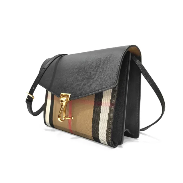 【BURBERRY 巴寶莉】39808251 經典HOUSE系列格紋棉麻拼色肩背/斜背包(全新展示品-黑色)