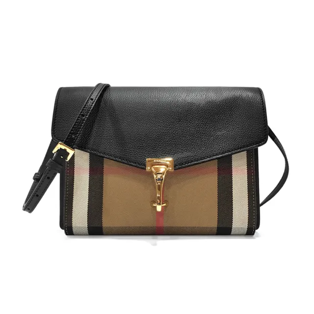 【BURBERRY 巴寶莉】39808251 經典HOUSE系列格紋棉麻拼色肩背/斜背包(全新展示品-黑色)