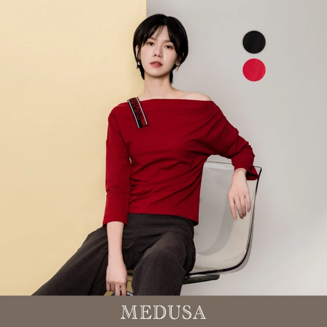 MEDUSA 曼度莎 現貨-斜肩肩帶抓褶造型T恤 - 2色（M-XL）｜女休閒上衣 長袖T恤 造型上衣(505-15201)