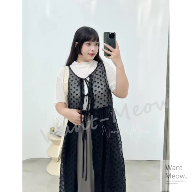【Want-Meow】100公斤可獨家設計款日系寬肩帶綁帶罩衫長版背心雪紡透膚背心(大碼/大尺碼/加大碼/長版背心)