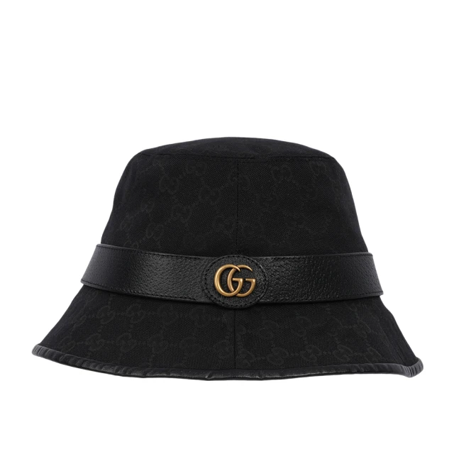 GUCCI 古馳 GG Logo 帆布及牛皮復古漁夫帽(黑色)