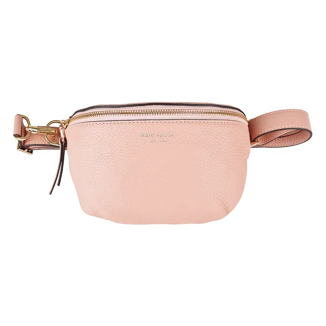 【KATE SPADE】Kate Spade Polly Fanny金字LOGO荔枝紋牛皮拉鍊胸腰包(粉膚)