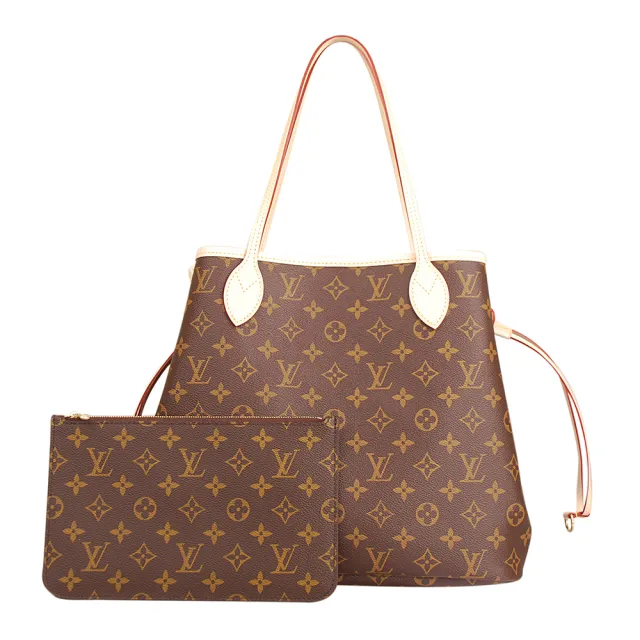 【Louis Vuitton 路易威登】LV M40995 Monorgam Neverfull MM 縮口肩揹包附扁袋(米)