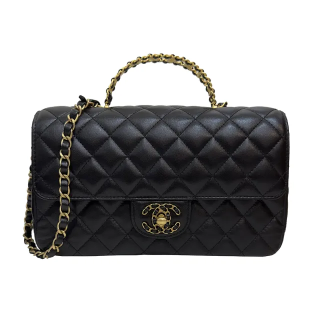 【CHANEL 香奈兒】AS4530 經典粒面牛皮金屬提把手提斜背口蓋包(黑色-23cm)