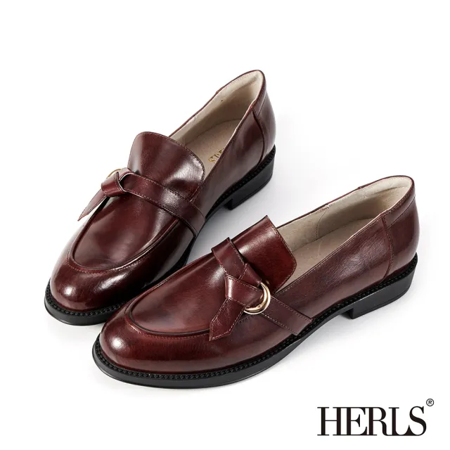 【HERLS】樂福鞋-蠟感全真皮金釦結飾造型低跟樂福鞋(酒紅色)