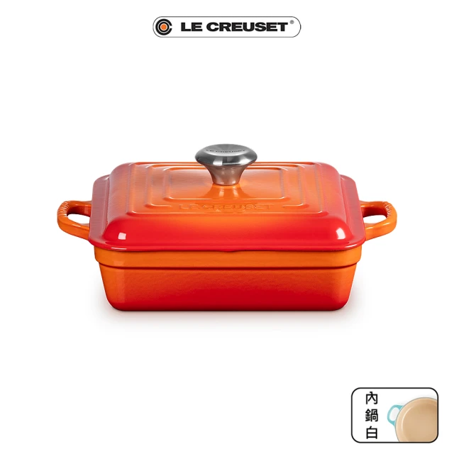 Le Creuset 盒損福利品_典藏琺瑯鑄鐵方鐵鍋 24cm(火焰橘-鋼頭-內鍋白)