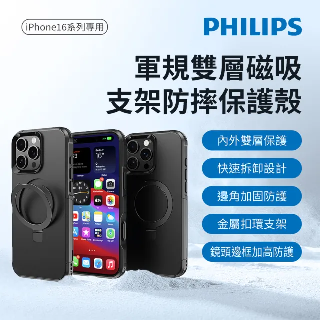 【Philips 飛利浦】iPhone 16系列 軍規雙層磁吸支架防摔保護殼(雙層設計/磁吸支架)