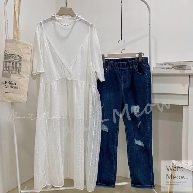 【Want-Meow】100公斤可穿/日系吊帶長版蕾絲長版背心/中大尺碼背心/大尺碼背心/罩衫(大碼/大尺碼/加大碼)