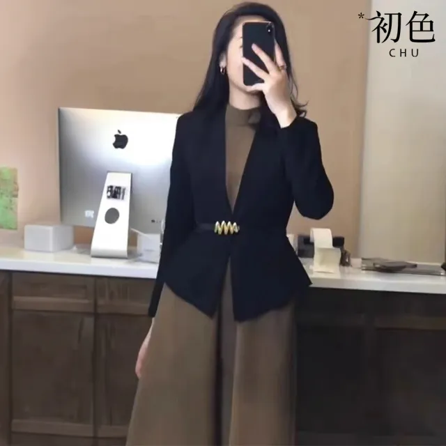 【初色】修身長袖西裝外套女外套+純色高領無袖中長連衣裙連身洋裝套裝-褐色-37919(M-2XL可選)
