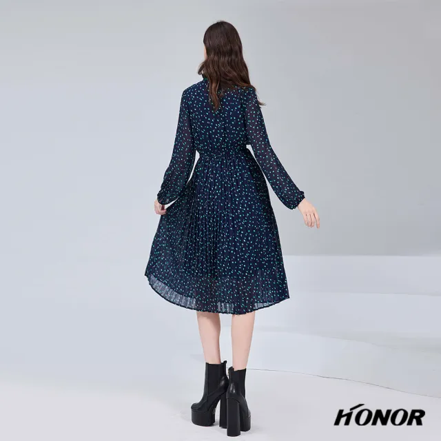 【HONOR 山形屋】出清品 蝴蝶結碎花百摺洋裝-藍(限定出清)