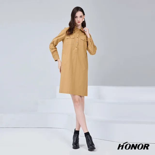 【HONOR 山形屋】出清品 知性口袋排釦襯衫洋裝-卡其(限定出清)