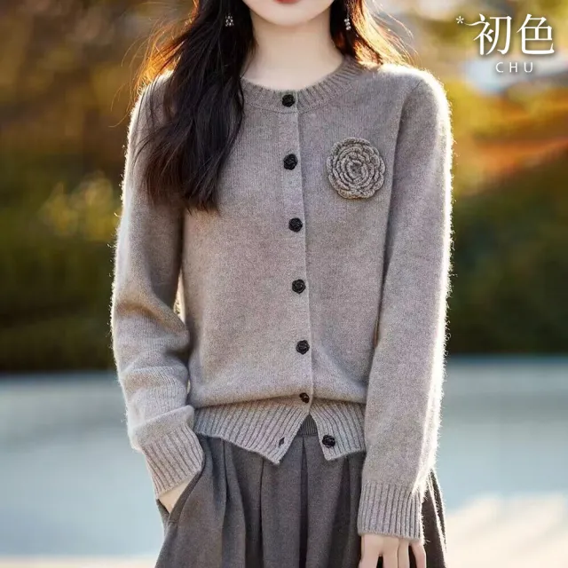 【初色】純色圓領排扣長袖針織毛衣寬鬆針織衫上衣女上衣-共3色-37999(F可選)