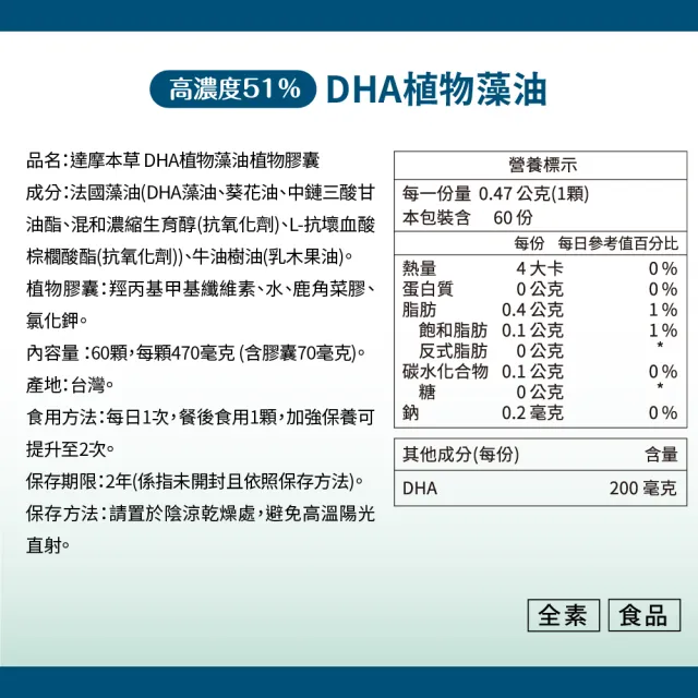 即期品【達摩本草】法國51%DHA植物藻油2入組(60顆/盒）（共120顆)