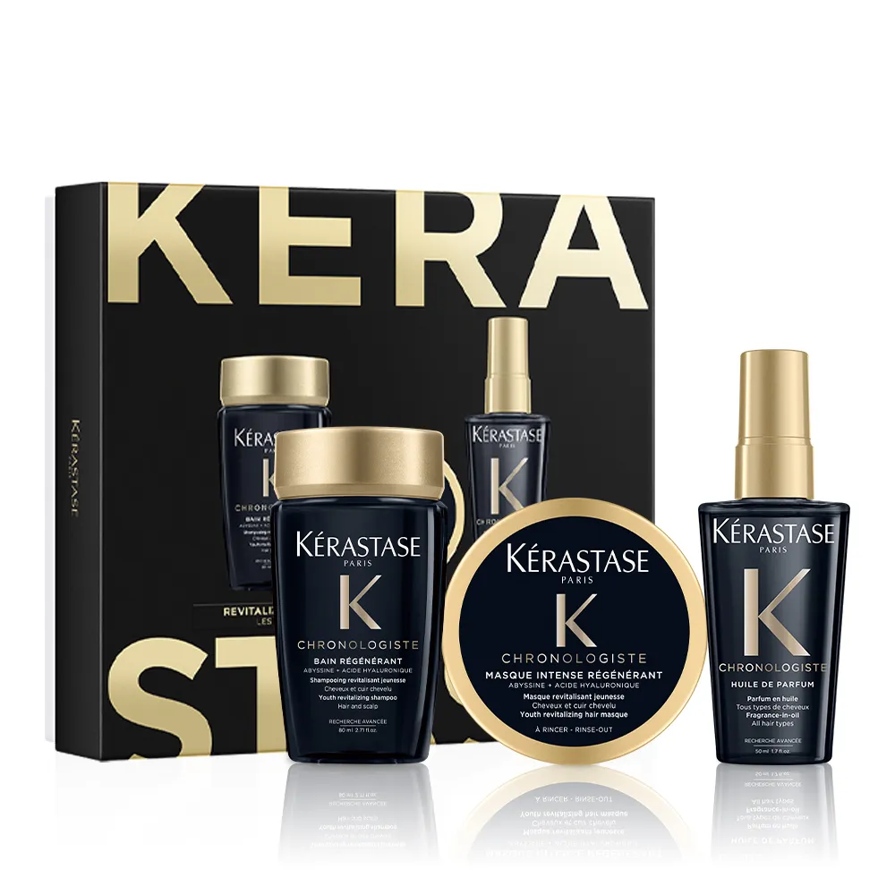 【KERASTASE 巴黎卡詩】黑鑽極萃逆時體驗組(髮浴+髮膜+髮油/禮盒)