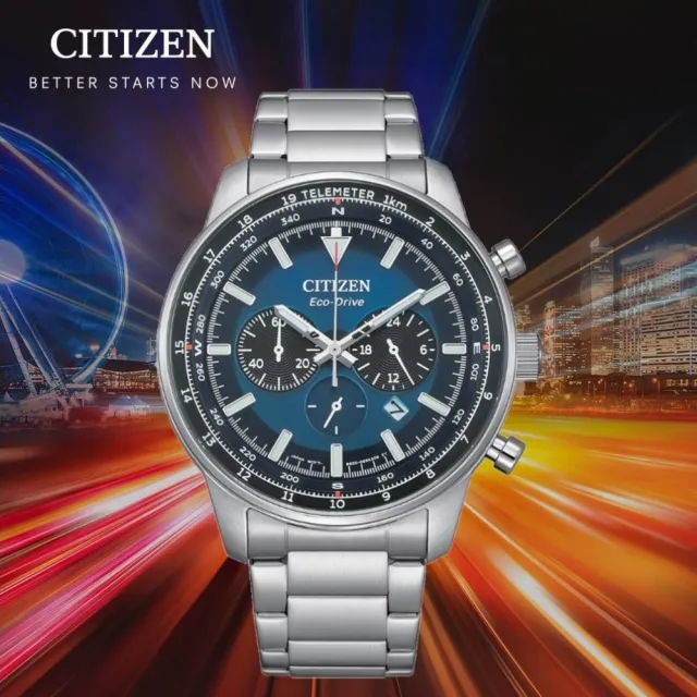 【CITIZEN 星辰】Chronograph 光動能三眼計時手錶 石英錶-藍44mm(CA4500-91L)