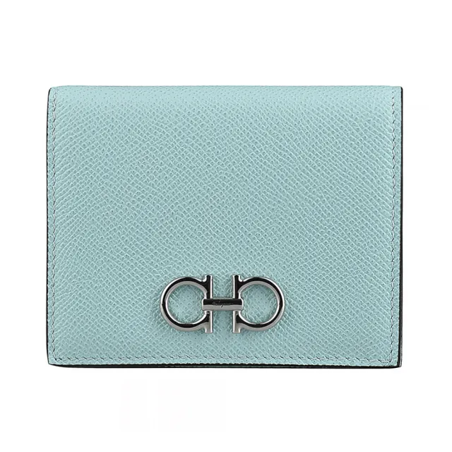 【Salvatore Ferragamo】SALVATORE FERRAGAMO GANCINI金屬LOGO釦式4卡小牛皮短夾(冰川藍)