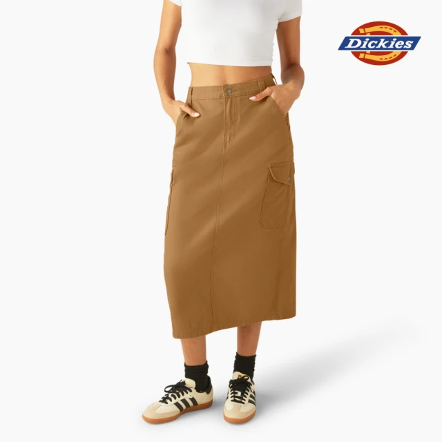 Dickies 女款鴨棕色純棉帆布兩側翻蓋式大口袋寬鬆工裝長裙｜DK0A4Z2R0BD