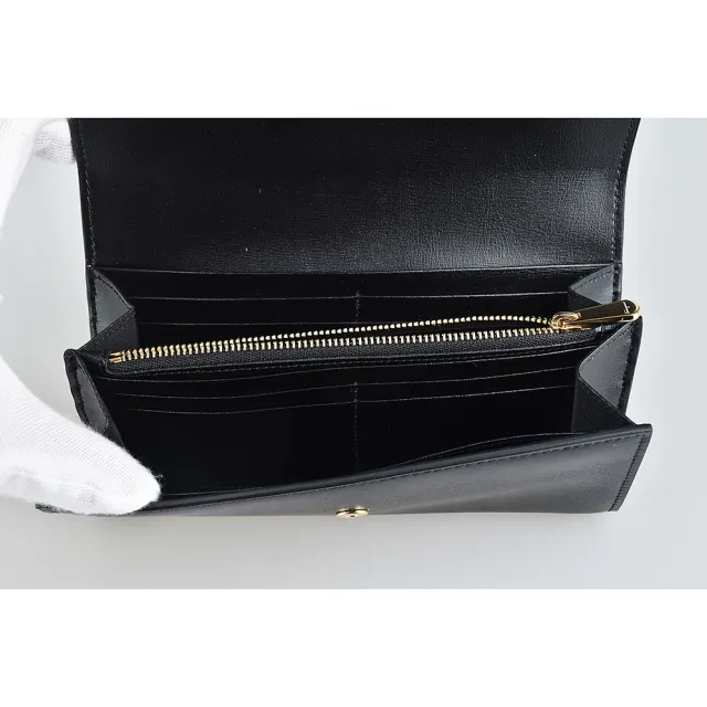 【Salvatore Ferragamo】SALVATORE FERRAGAMO VARA草寫LOGO釦式10卡蝴蝶結牛皮長夾(黑)