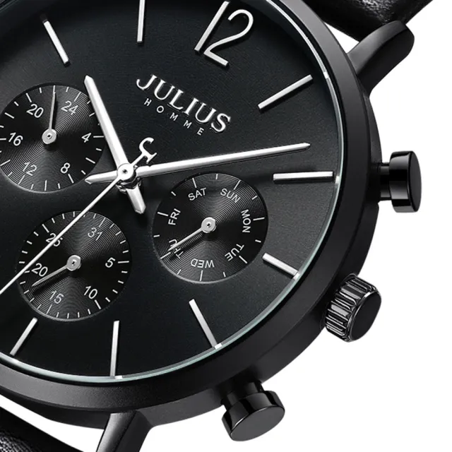 【JULIUS 聚利時】城市之耀皮革經典三眼男士腕錶 JAH-101(四色/40mm)