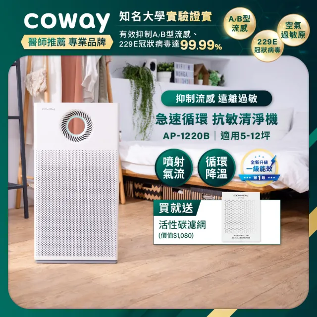 【Coway】5-12坪 急速循環空氣清淨機AP-1220B(完整兩年免購耗材)