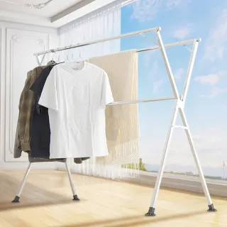 【IDEA】升級改版不銹鋼X型複合式落地伸縮摺疊曬衣架-2.4米(馬蹄腳 晾衣架贈防風扣+曬衣夾)