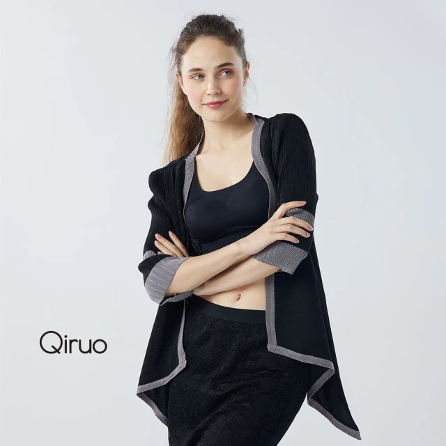 Qiruo 奇若名品 秋冬專櫃黑色摺衣外套2112E 灰色滾邊(M-2XL)