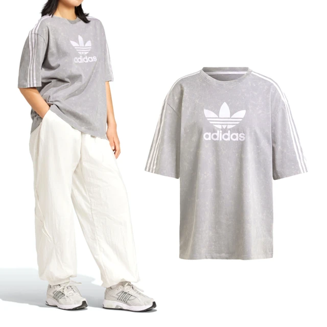 adidas 愛迪達 Wash Tee 女款 灰色 運動 休閒 水洗 圓領 寬鬆 三葉草 Logo 上衣 短袖 IW3412