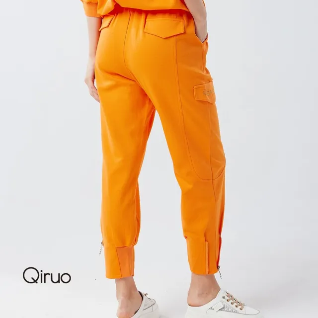【Qiruo 奇若名品】厚棉質 彈性褲 鬆緊腰九分橘色休閒褲6008C 