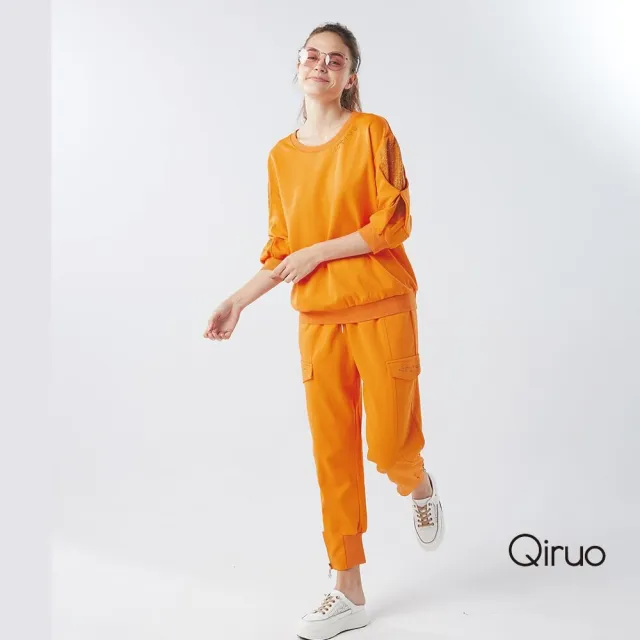 【Qiruo 奇若名品】厚棉質 彈性褲 鬆緊腰九分橘色休閒褲6008C 