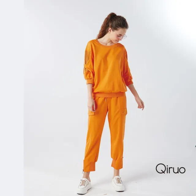 【Qiruo 奇若名品】厚棉質 彈性褲 鬆緊腰九分橘色休閒褲6008C 