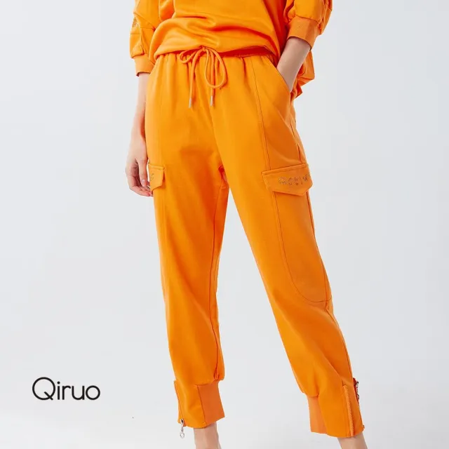 【Qiruo 奇若名品】厚棉質 彈性褲 鬆緊腰九分橘色休閒褲6008C