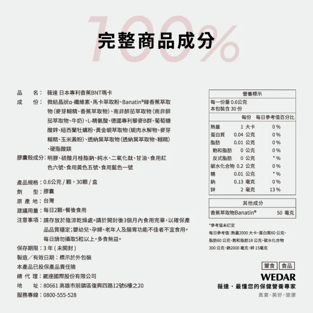 【Wedar 薇達】日本專利香蕉BNT瑪卡 3盒組(30顆/盒.男性機能保養.瑪卡.天然B群.透納葉.醉茄.精氨酸)