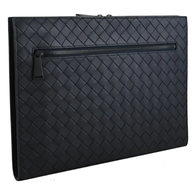【BOTTEGA VENETA 寶緹嘉】簡約經典手工編織小牛皮大款手拿包商商務包萬用包(藍黑)